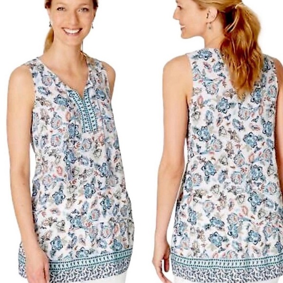 J. Jill Women’s Size Small White Blue Paisley Sleeveless Tassel Blouse - Picture 1 of 10